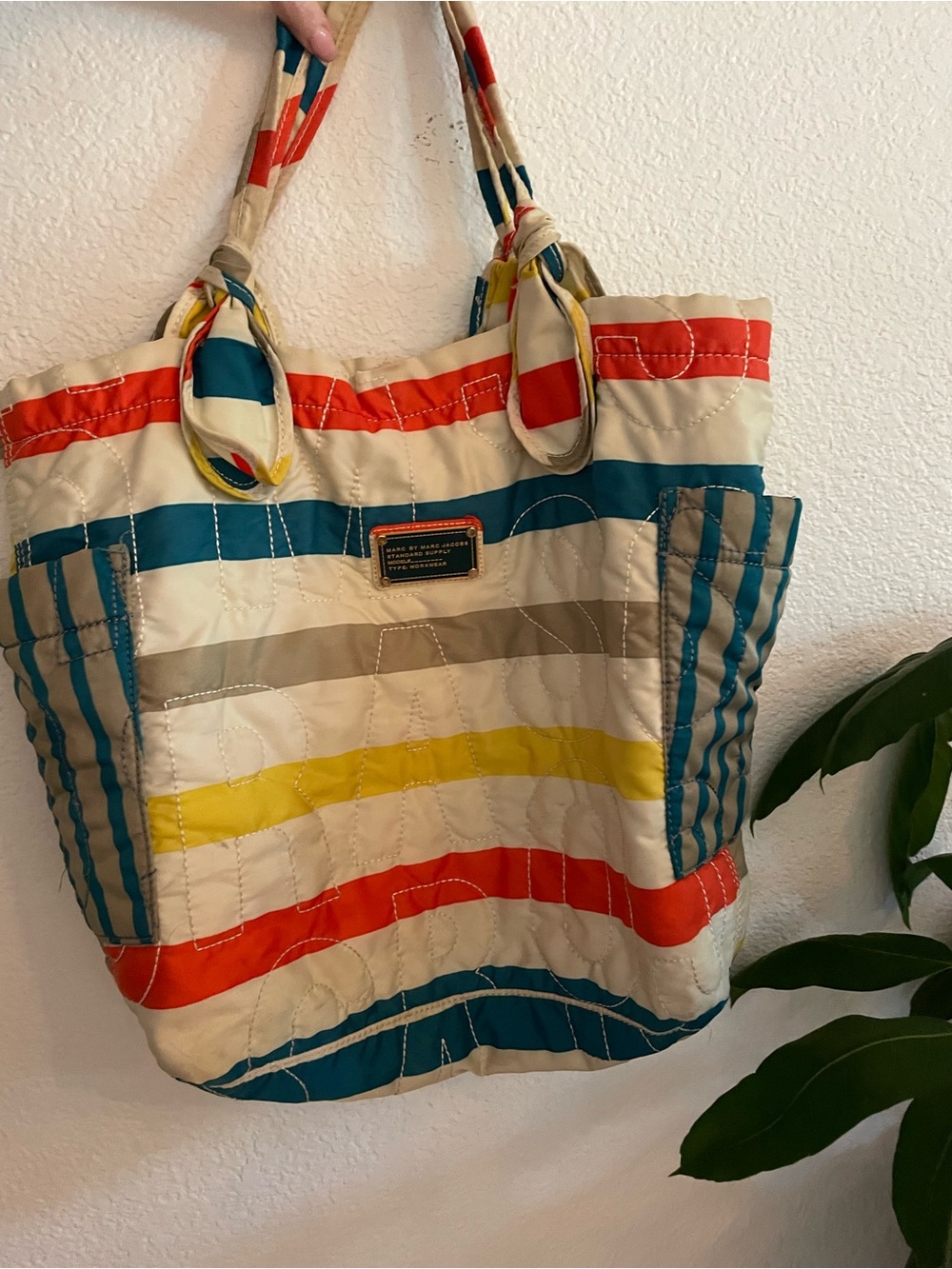 Marc Jacobs Quilted Striped Tote in Cream, Teal, Red & Yellow